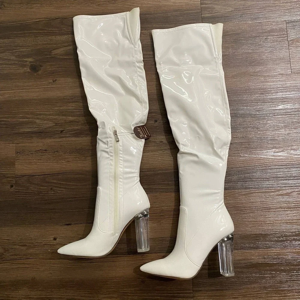 London Rag White Patent Over The Knee Boots Clear Block Heel‎ SH2544 Size 7 US
